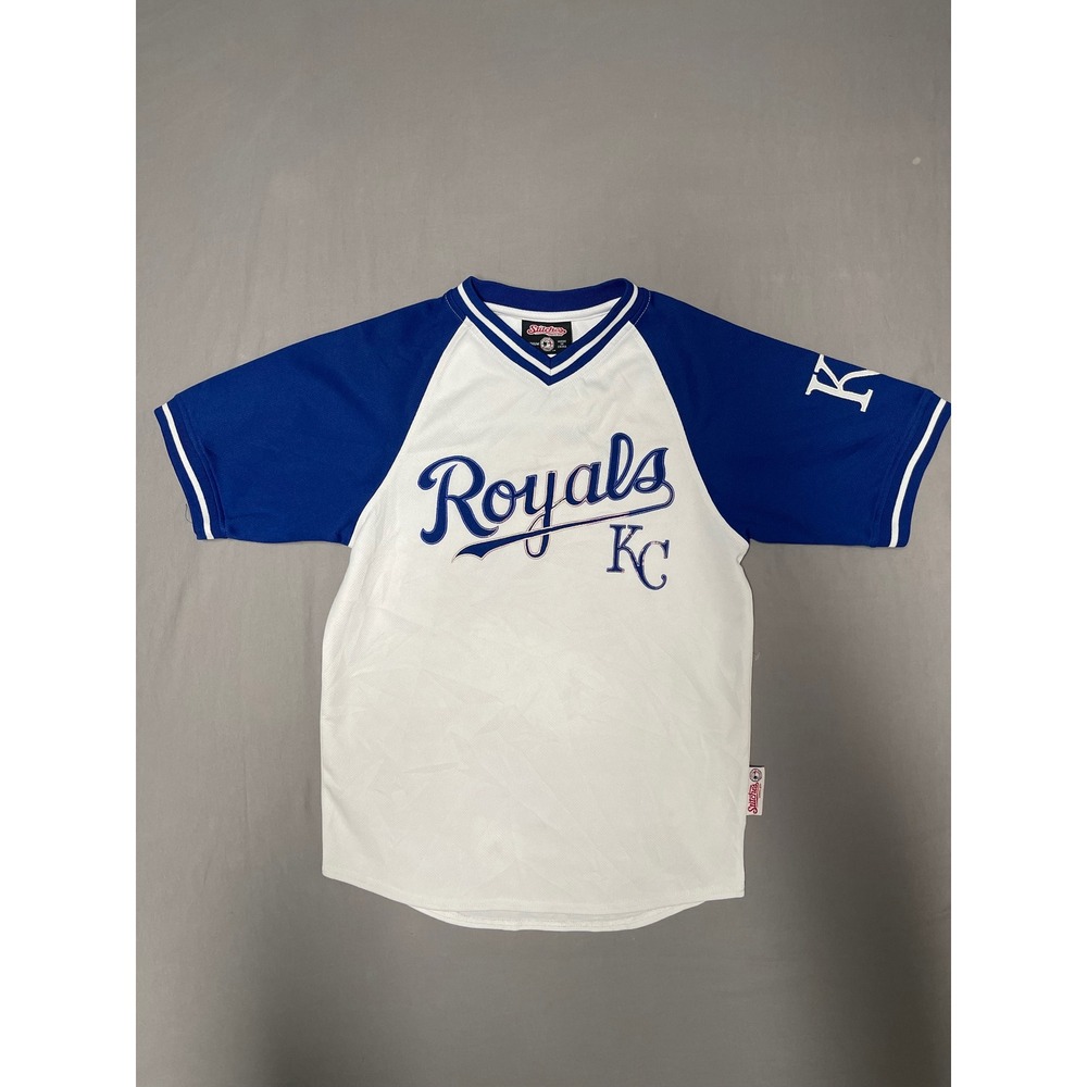 Stitches Kansas City Royals Baseball Jersey Mens Medium Blue White Mesh V-Neck